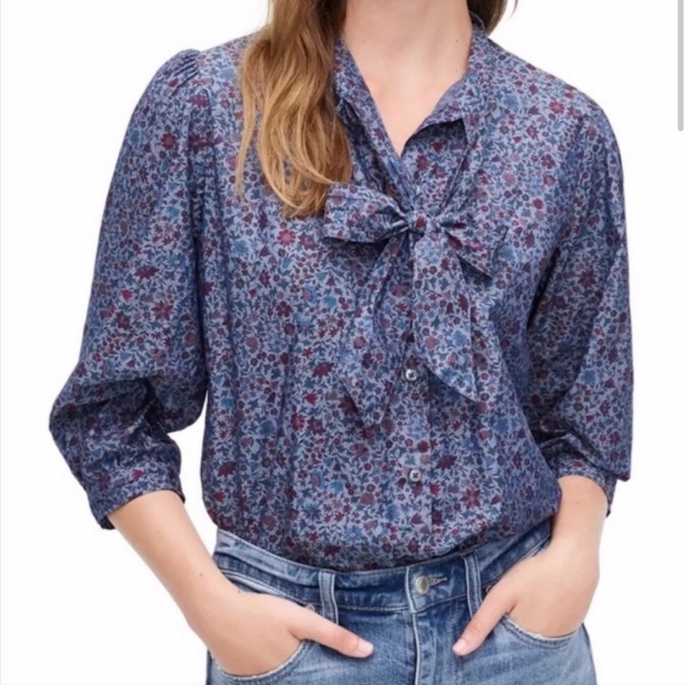 J. Crew Liberty Small  Chambray Tie Blouse Button Up
